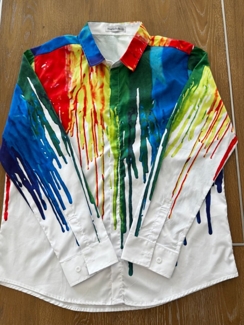 Ding Ge Fu Shi Paint Drips White Long Sleeve Button Down Shirt 2XL Graphic Print